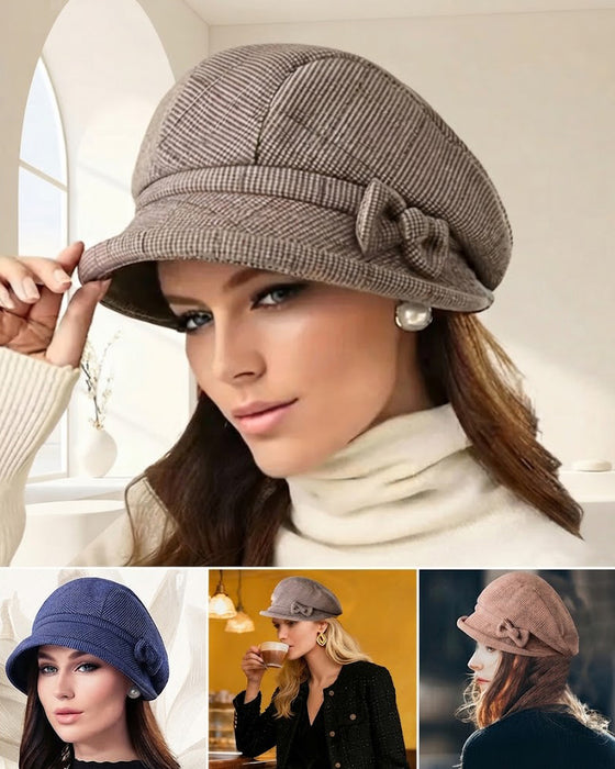 Women's Elegant Plaid Pattern Bow Decor Beret