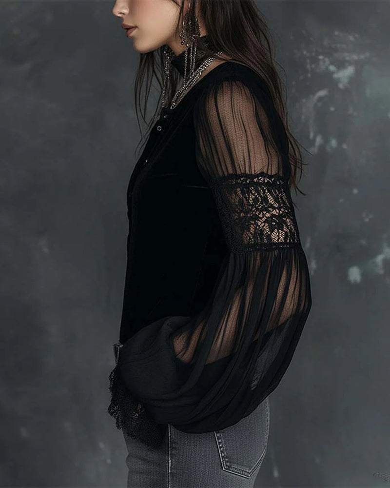 Button-Down V-Neck Puff Sleeve Blouse