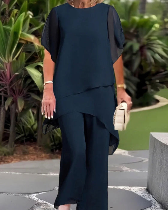 Chiffon Asymmetrical Top Wide-Leg Pants Set