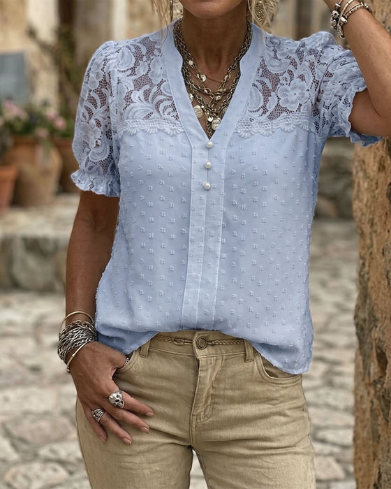 Lace Patchwork Puff Sleeve V-Neck Blouse