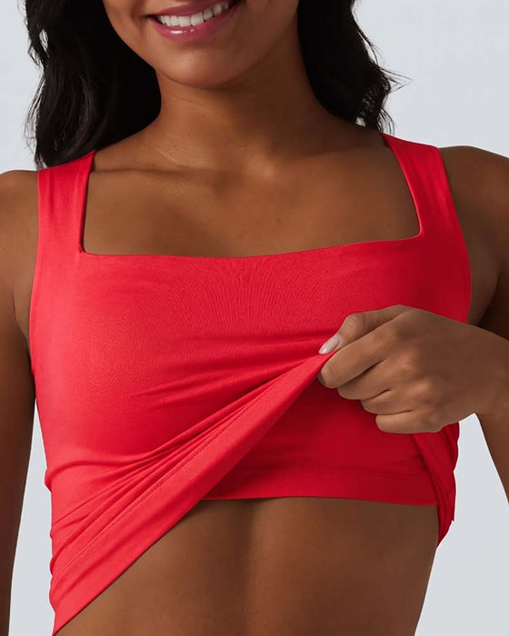 Solid Color Square Neck Built-In Bra Tank Top