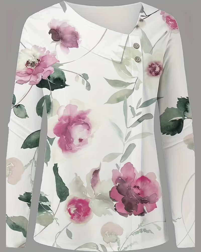 Asymmetrical Printed Long-Sleeved Blouse