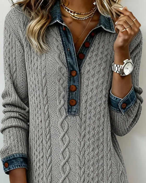 Denim cable knit patchwork collared dress