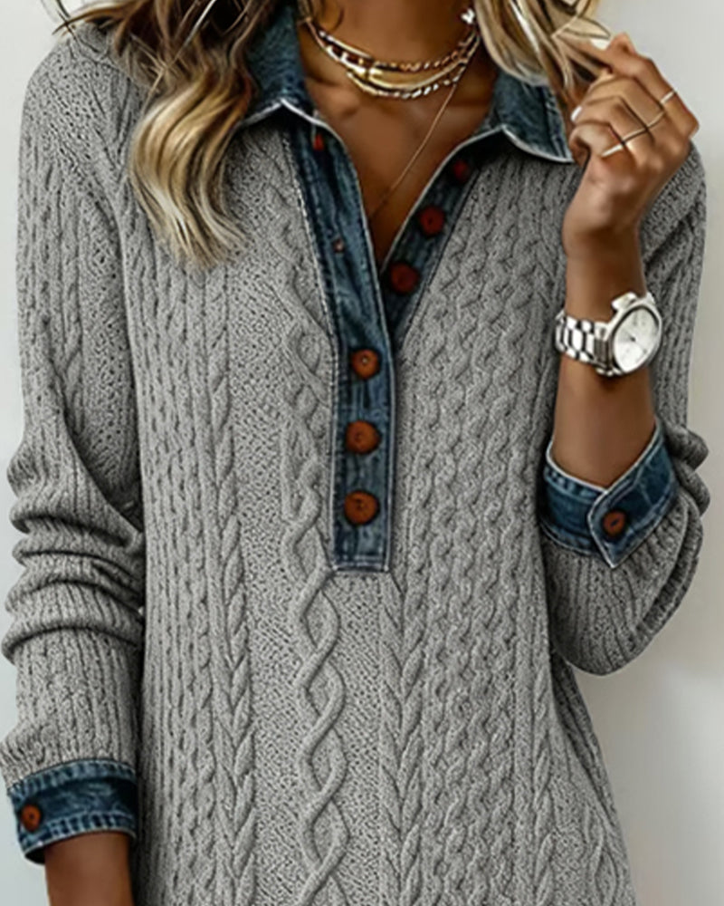 Denim cable knit patchwork collared dress