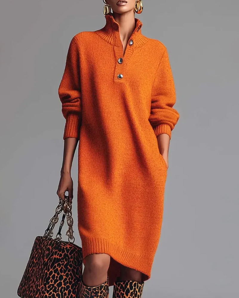 Solid Color Button High Neck Dress