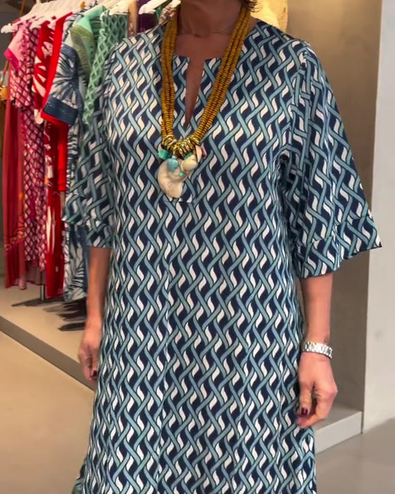 V-Neck Diamond Pattern Straight Relaxed Dress