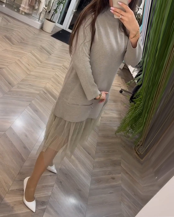 High collar mesh patchwork dress