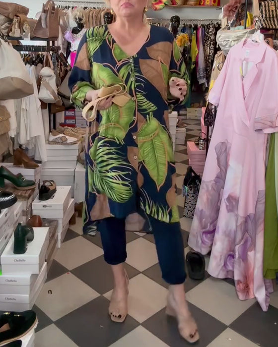 V-Neck Leaf Print Loose Dress