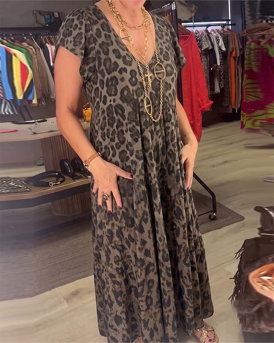V-Neck Leopard Short Sleeve Dress
