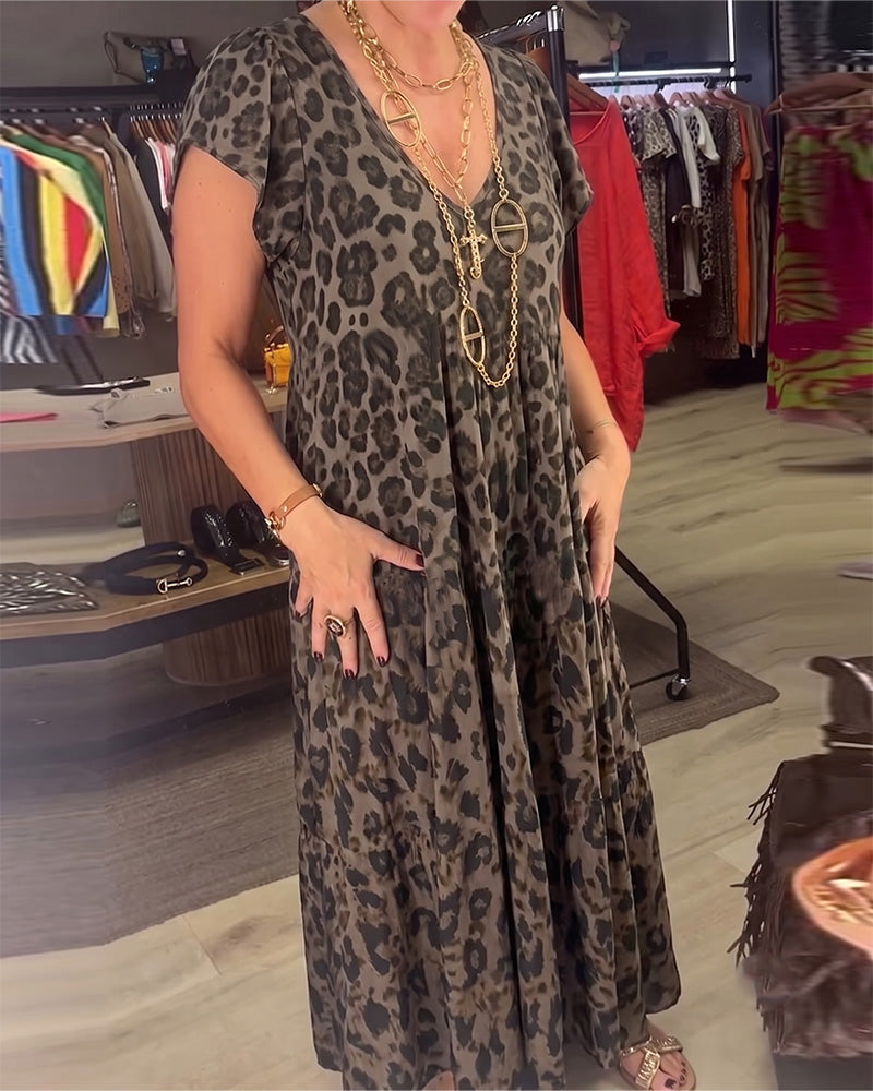 V-Neck Leopard Short Sleeve Dress