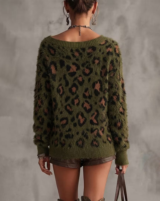 Off-Shoulder Leopard Print Long-Sleeved Pullover