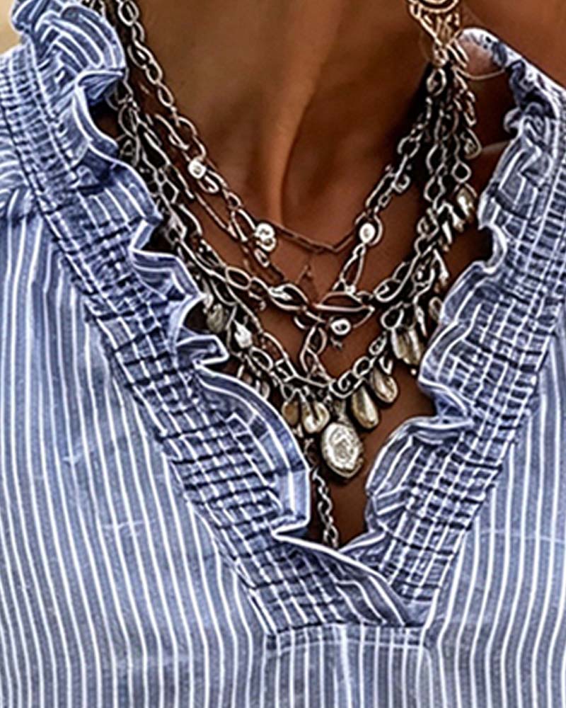 V-Neck Stripe Ruffle Blouse