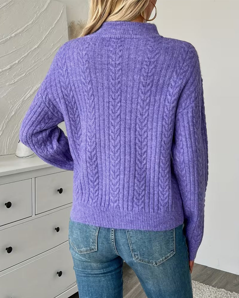 Stand-Up Collar Half-Zip Cable Knit Pullover