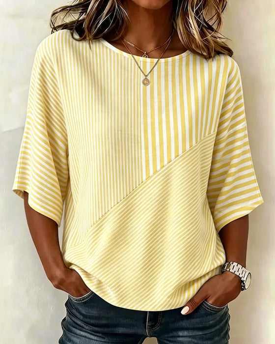 Striped Crew Neck Color Block T-Shirt