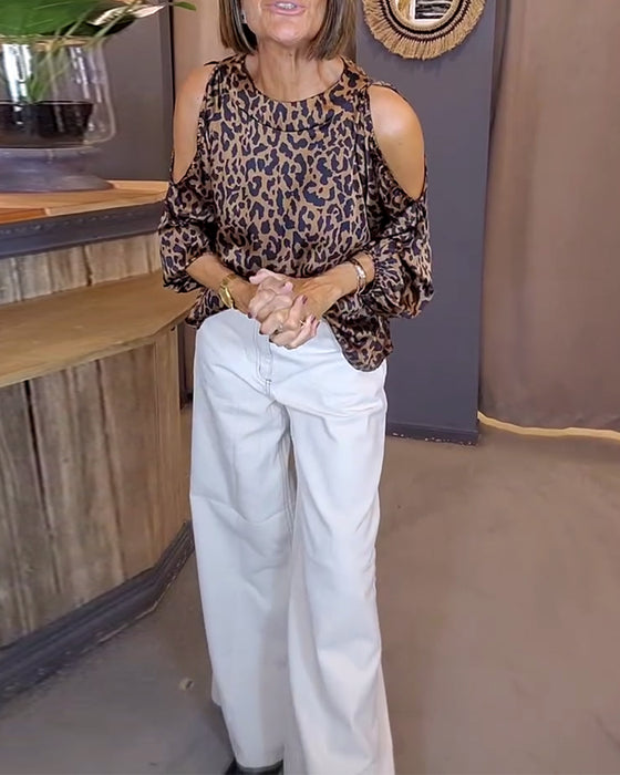 Tie-Strap Off-Shoulder Leopard Print Blouse