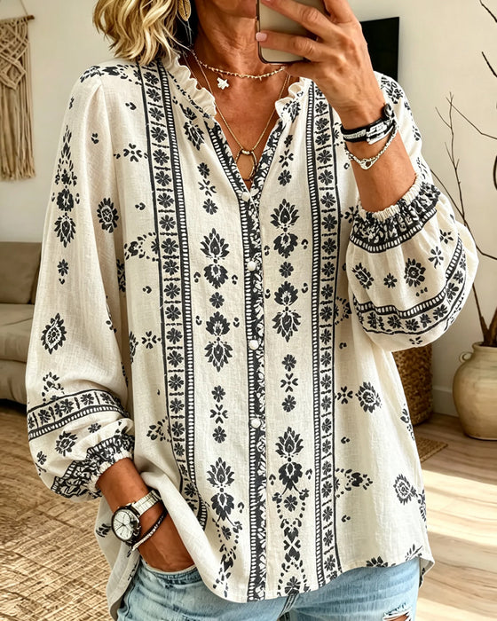 V-Neck Lace-Trim Puff-Sleeve Print Blouse