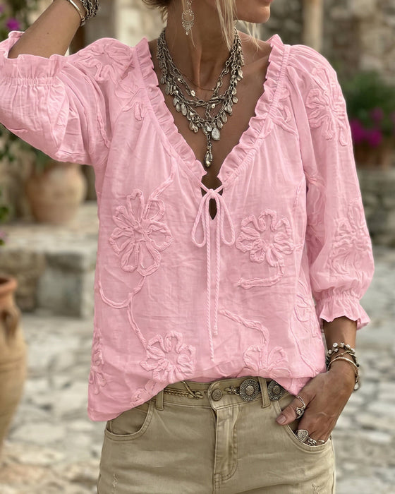 100% Cotton V-Neck Wrap Tie Ruffled Blouse