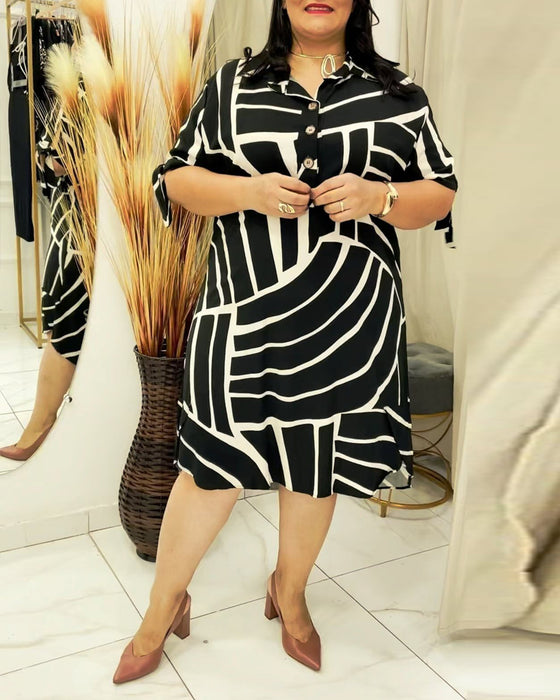 Lapel button line print dress