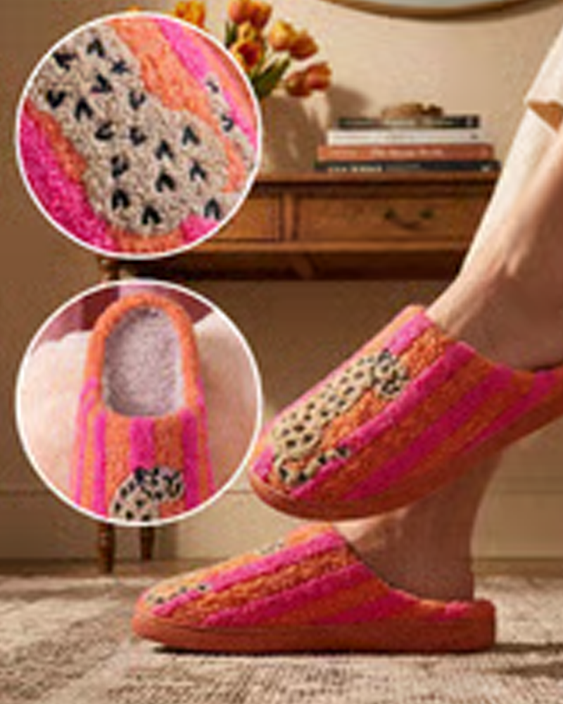 Women’s Retro Striped & Leopard Fuzzy Slippers