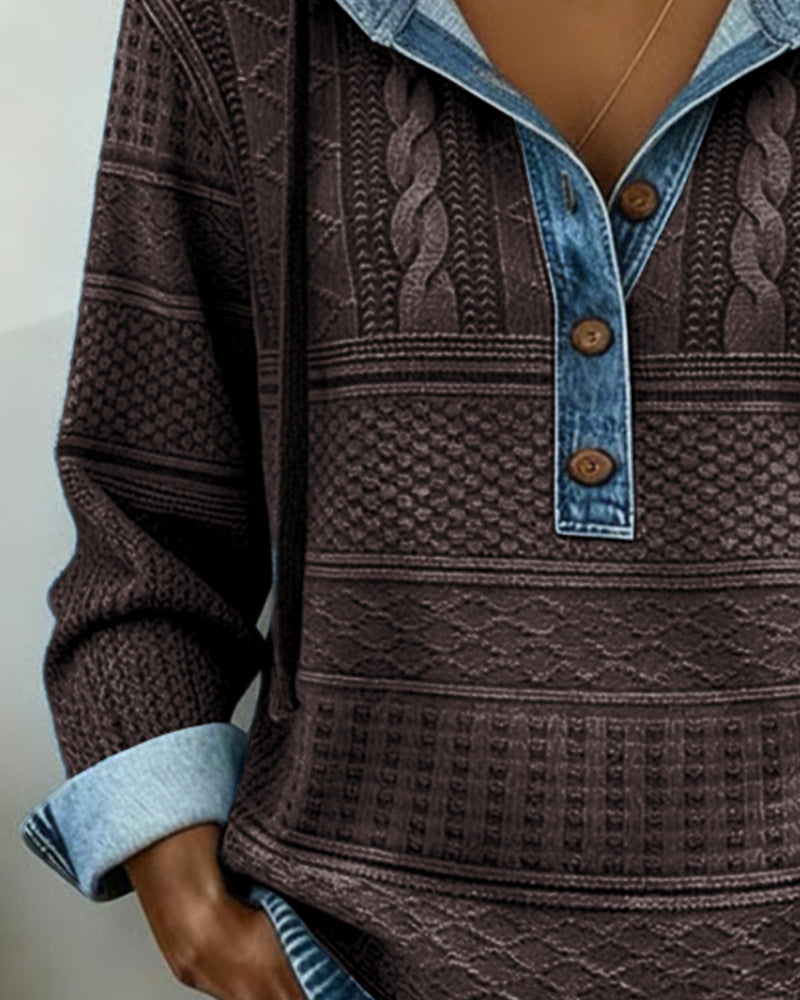 Cable Knit Denim Patchwork Hoodie