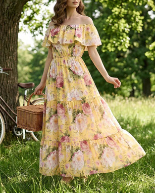 Off-the-Shoulder Floral Waist-Cinching Dress