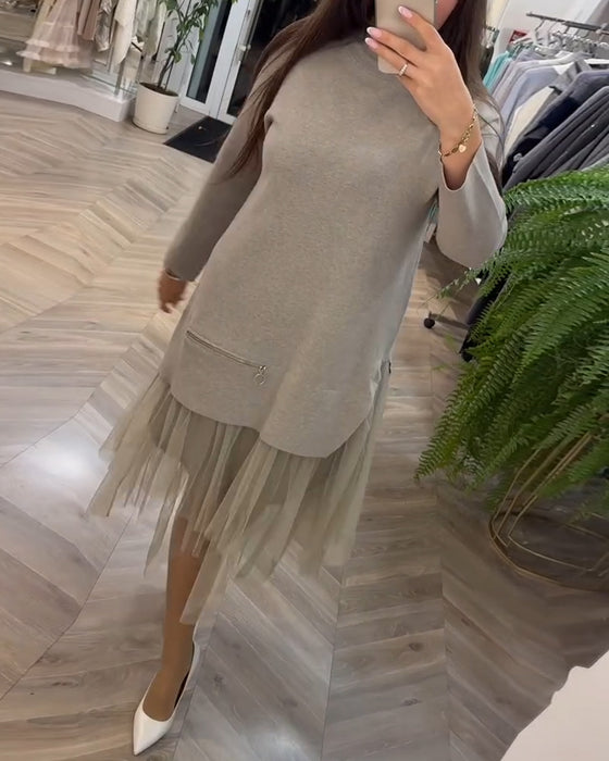 High collar mesh patchwork dress