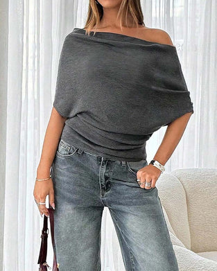 Batwing Sleeve Off-Shoulder Solid Blouse