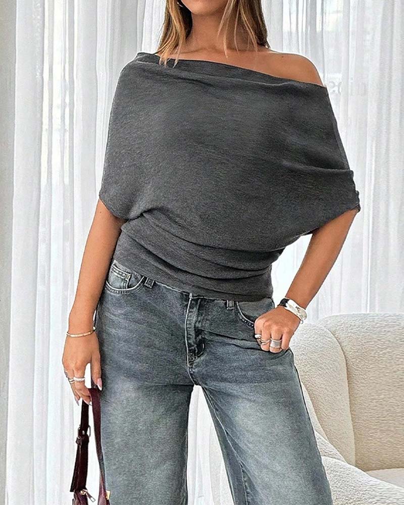 Batwing Sleeve Off-Shoulder Solid Blouse