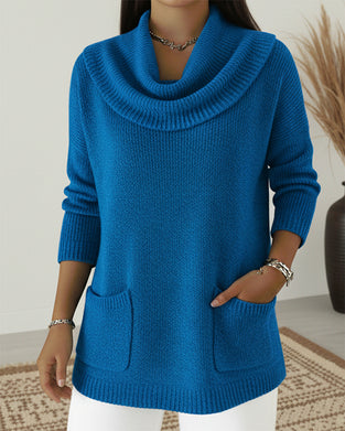 Cozy Loose Cowl Neck Knit Pocket Sweater Top