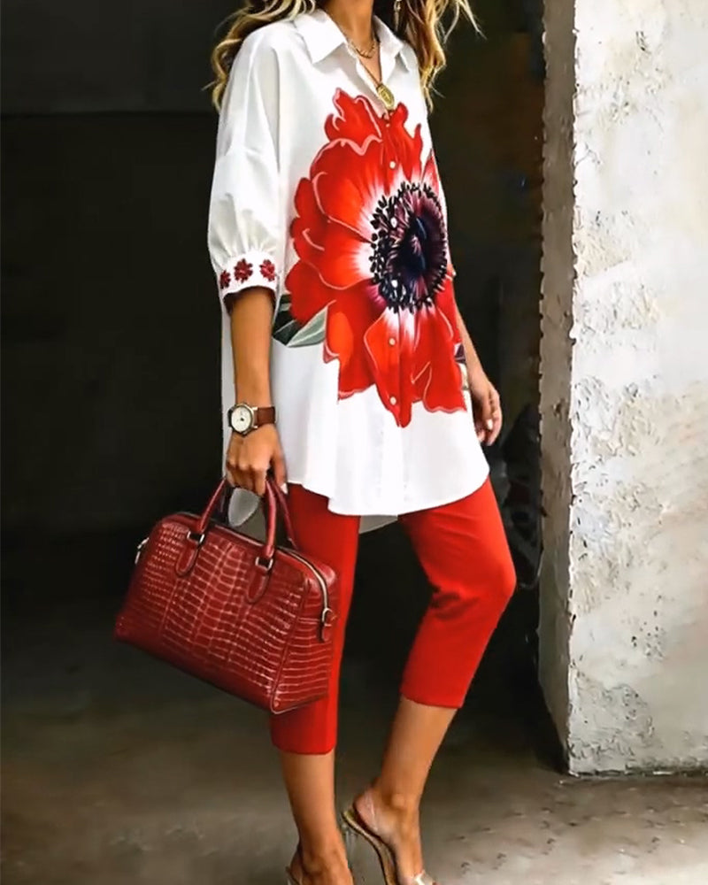 Large Flower Print Puff Sleeve Shirt