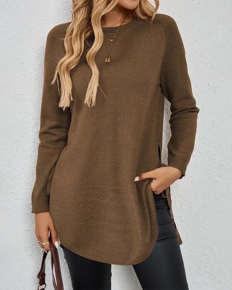 Round Neck Slit Solid Color Jumper
