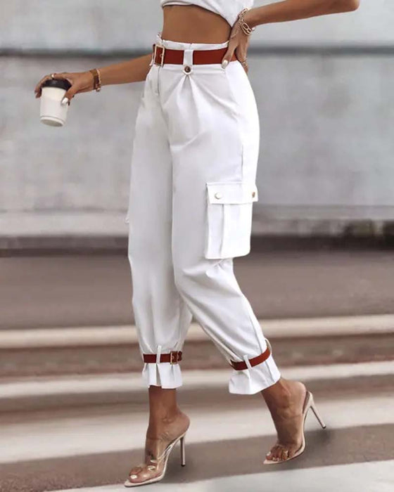 Solid color pocket casual cargo pants