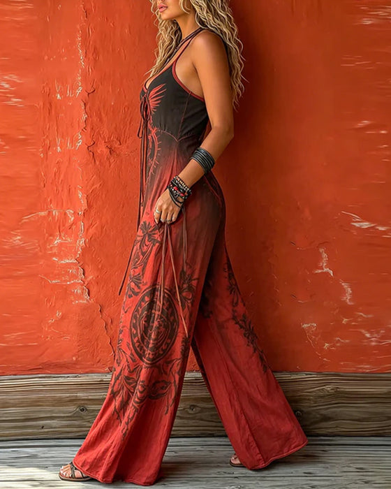 Spaghetti Strap Gradient Totem Wide Leg Jumpsuit
