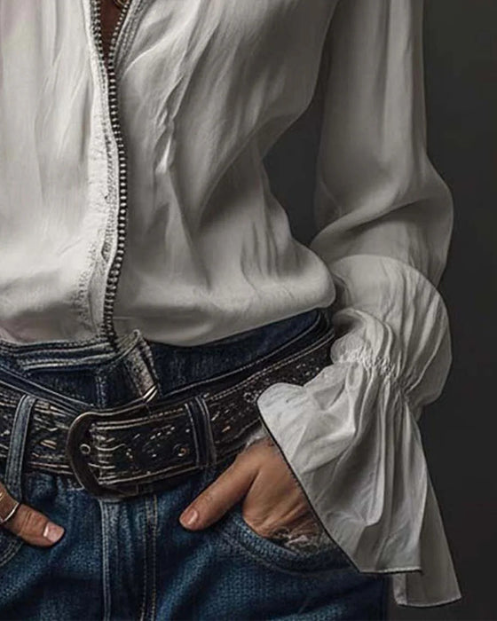 Stand-Collar Bell Sleeve Blouse