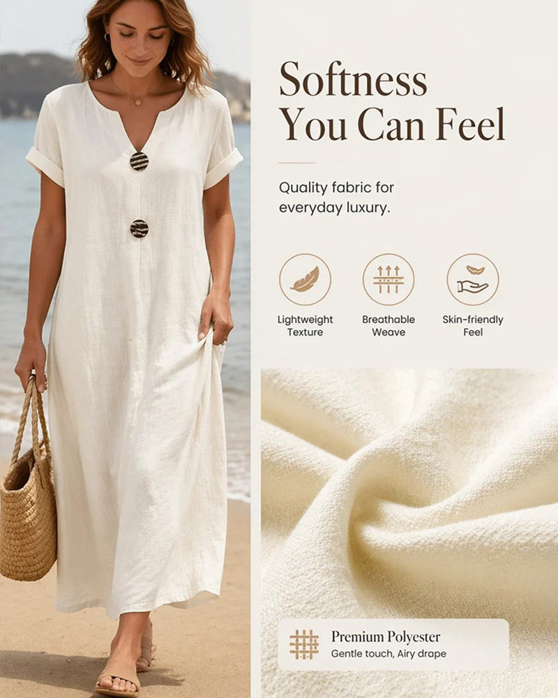 V-Neck Short-Sleeved Button-Up Shift Dress