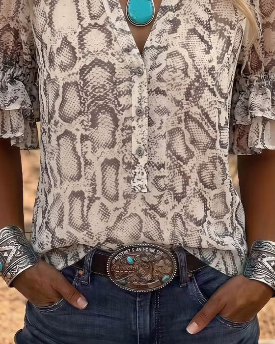 Snakeskin Pattern V-Neck Puff Sleeve Blouse
