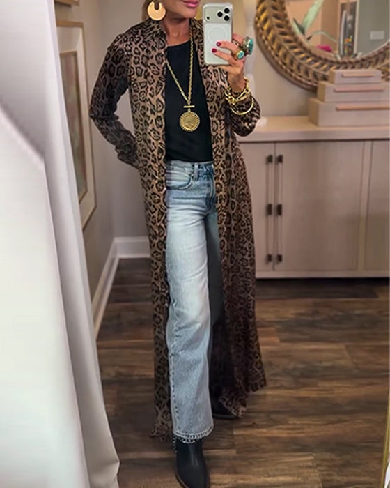 Leopard Print Slit Long Sleeve Dress