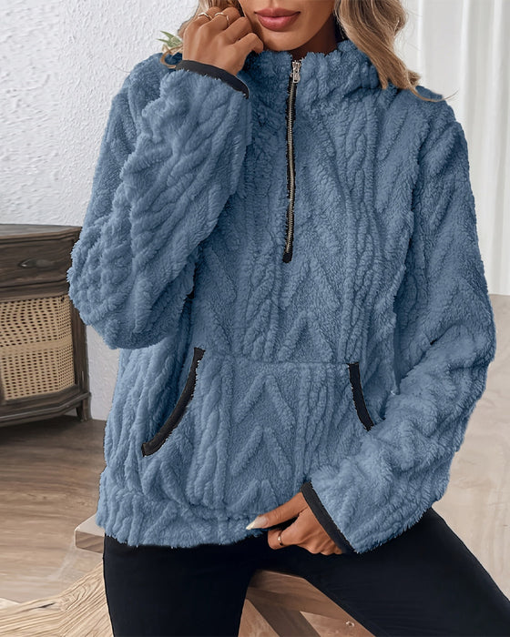 Lapel Zipper Front Fuzzy Sweatshirt