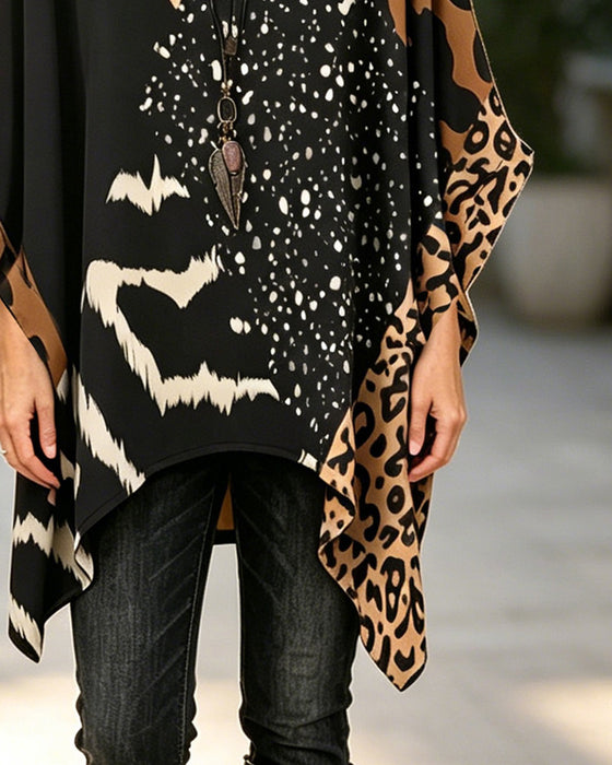 Round Neck Leopard Print Sequin Patchwork Blouse