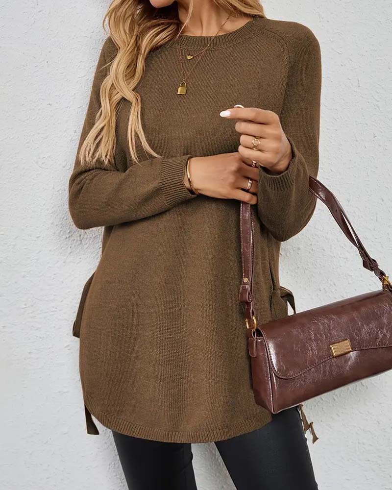 Round Neck Slit Solid Color Jumper