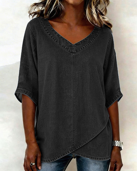 V-Neck Casual Denim Top