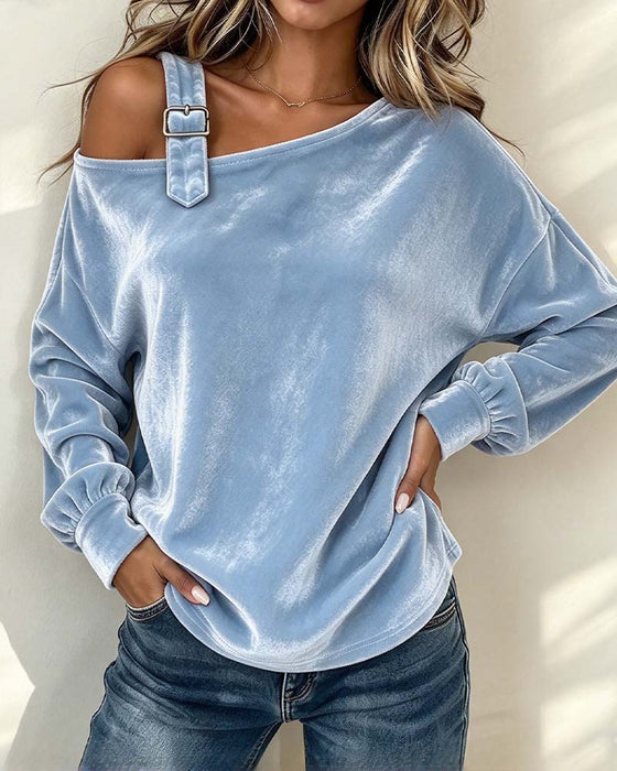 Cross-Shoulder Strap Pleated Off-Shoulder Blouse