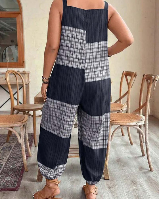 Plaid Color-Block Overall Jumpsuit