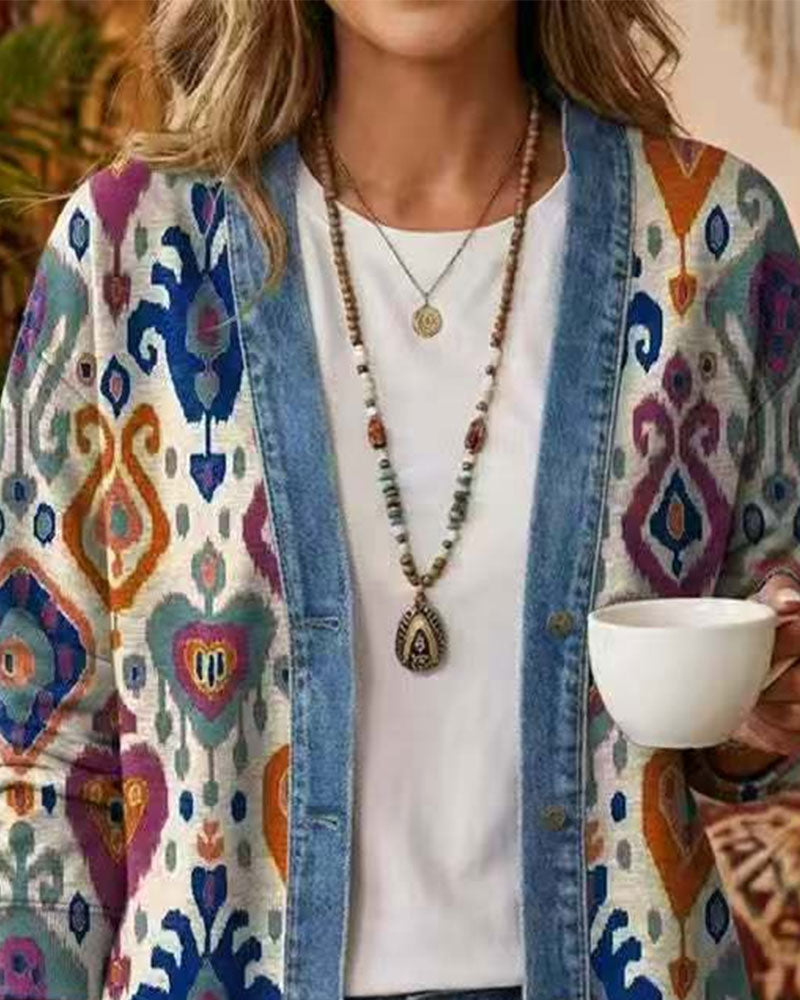Bohemian Denim Patchwork Floral Coat