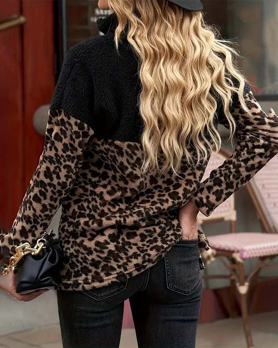 Casual Half-Zip Leopard Print Warm Sweatshirt