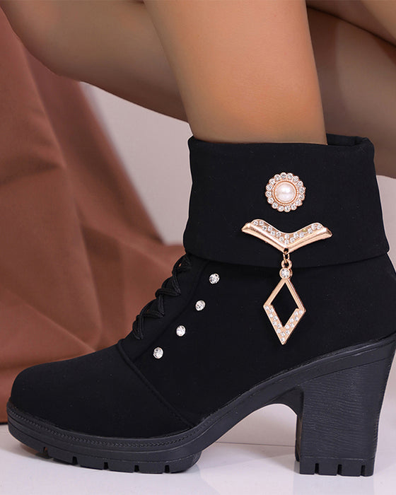 Women's Chunky Heeled Ankle Boots with Rhinestone Decor