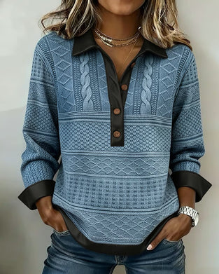 Button-Down Collar Patchwork Sweatshirt