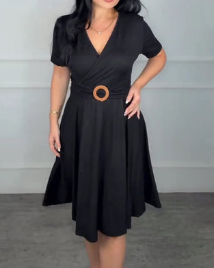 V-Neck Wrap Waist A-Line Dress