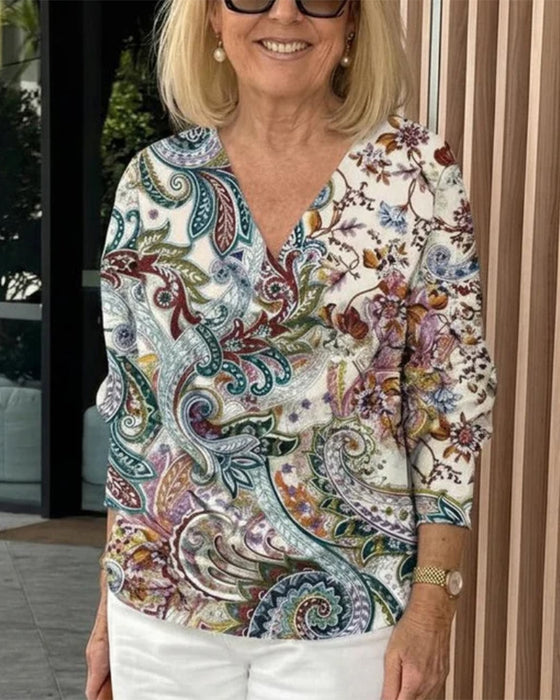 V-Neck Three-Quarter Sleeve Floral T-Shirt