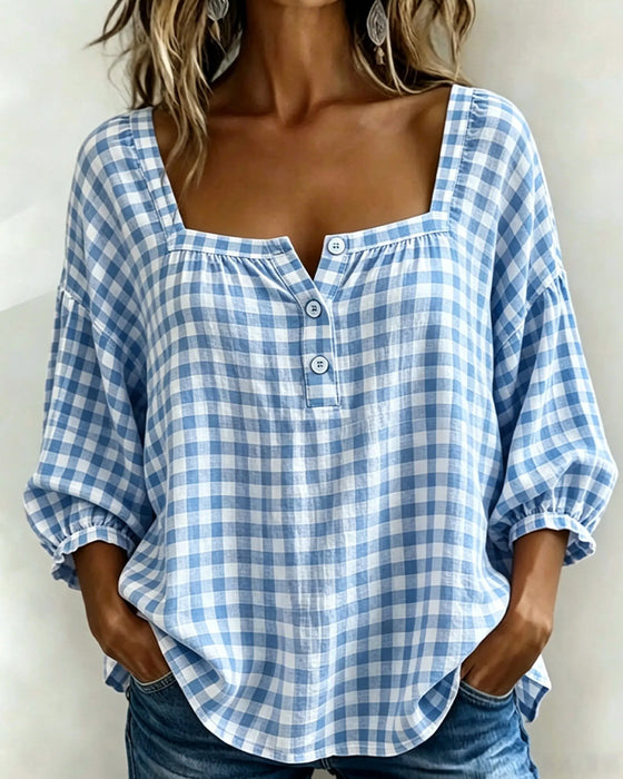 Square Neck Button-Up Plaid Blouse